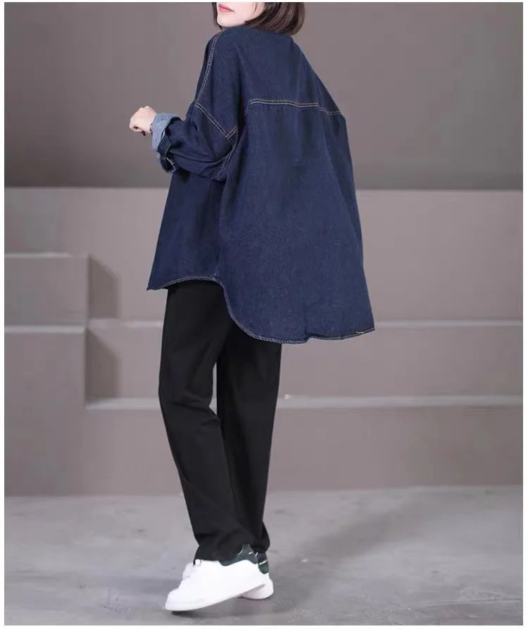 Loose Fit Women's Korean Style Corduroy Denim Shirt Jacket  Collar Splicing Oversize Outerwear Commute Fashion