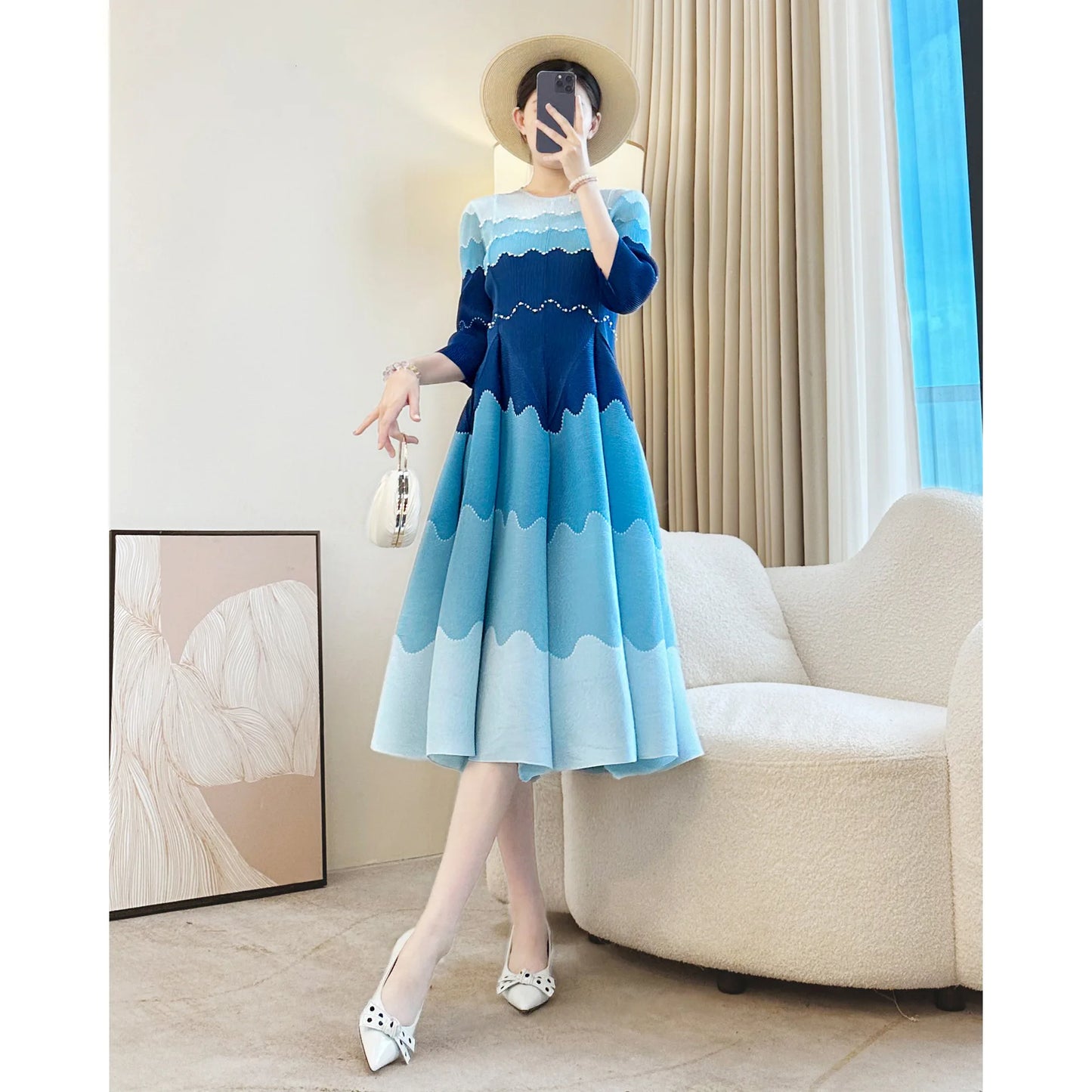 High-end Miyake Style Pleated Dress 2025 Autumn New Slim Flower Bud French Tea Break Skirt Fashionable Gradient Long Skirt Women