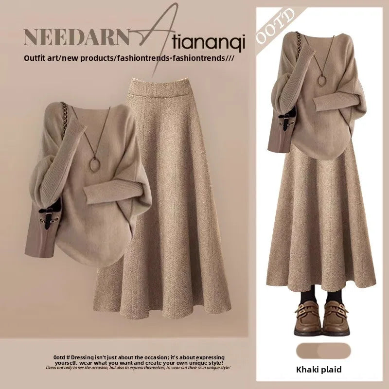 Retro Knitted Sweater And High Waist  Skirt Set for Women Elegant Autumn Winter Fashion Two Piece Ensemble Slimming Effect