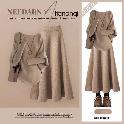 Retro Knitted Sweater And High Waist  Skirt Set for Women Elegant Autumn Winter Fashion Two Piece Ensemble Slimming Effect