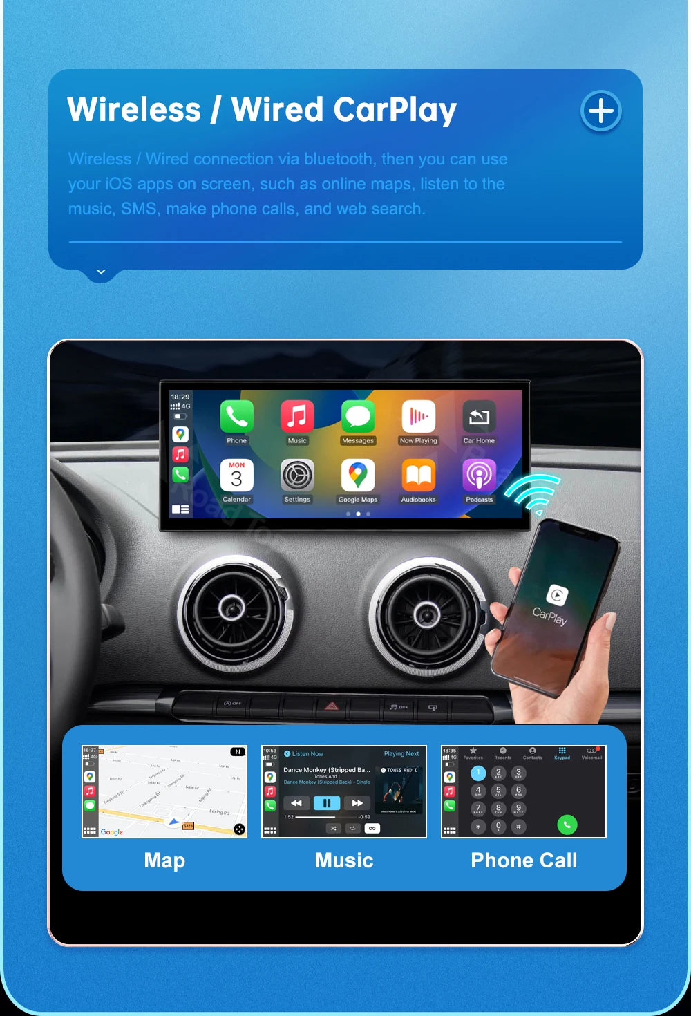 CN Road Top 12.3 Inch Touch Display For Audi A3 S3 2014-2019 Multimedia Player Andriod Auto Link GPS Carplay Screen Car Play