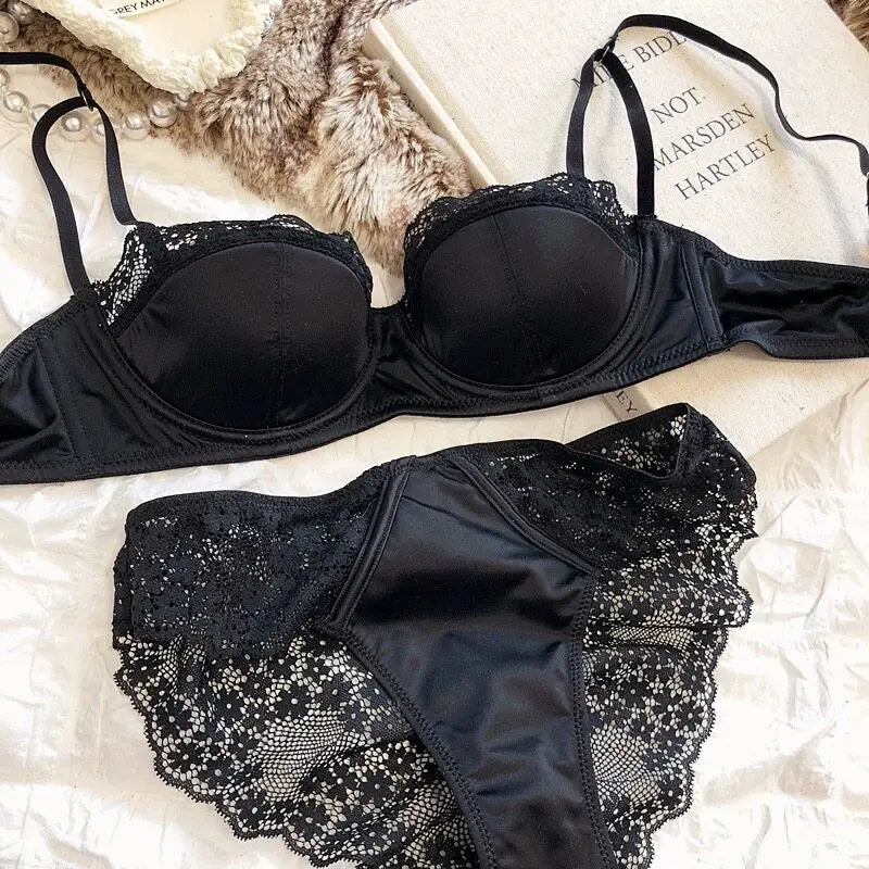 Hot Sale French Style Lace Satin Lingerie Set For Women, Sexy Push Up Thin Comfortable Breathable Daily Wear Intimates Bra Set