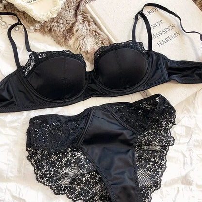 Hot Sale French Style Lace Satin Lingerie Set For Women, Sexy Push Up Thin Comfortable Breathable Daily Wear Intimates Bra Set