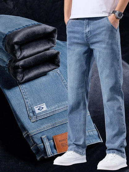 Elastic Business Jeans for Men's Fleece Thick Casual Warm Velvet Trousers Formal Office Daily Wear Plush Denim Trousers Men
