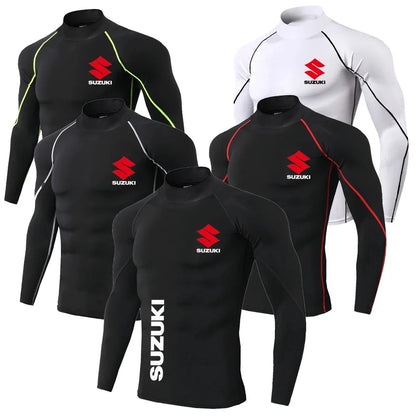 Suzuki men's fast drying breathable sports bike long sleeved tight fitting shirt, gym sweatshirt, outdoor fitness running