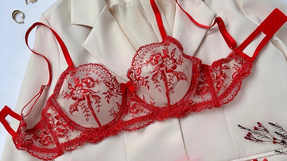 Sutiã Plus Size Cinta Renda Bordada Mesh Transparente Sexy Push Up Lingerie Pijama Sensual Copas Finas Sustentação 32-38 Bra Set