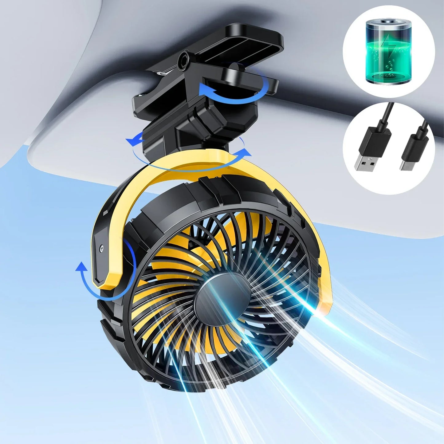 Portable Car Clip on Fan 2000mAh Battery Rotate 5V USB Rechargeable Mini Cooler Fan Car Electronic
