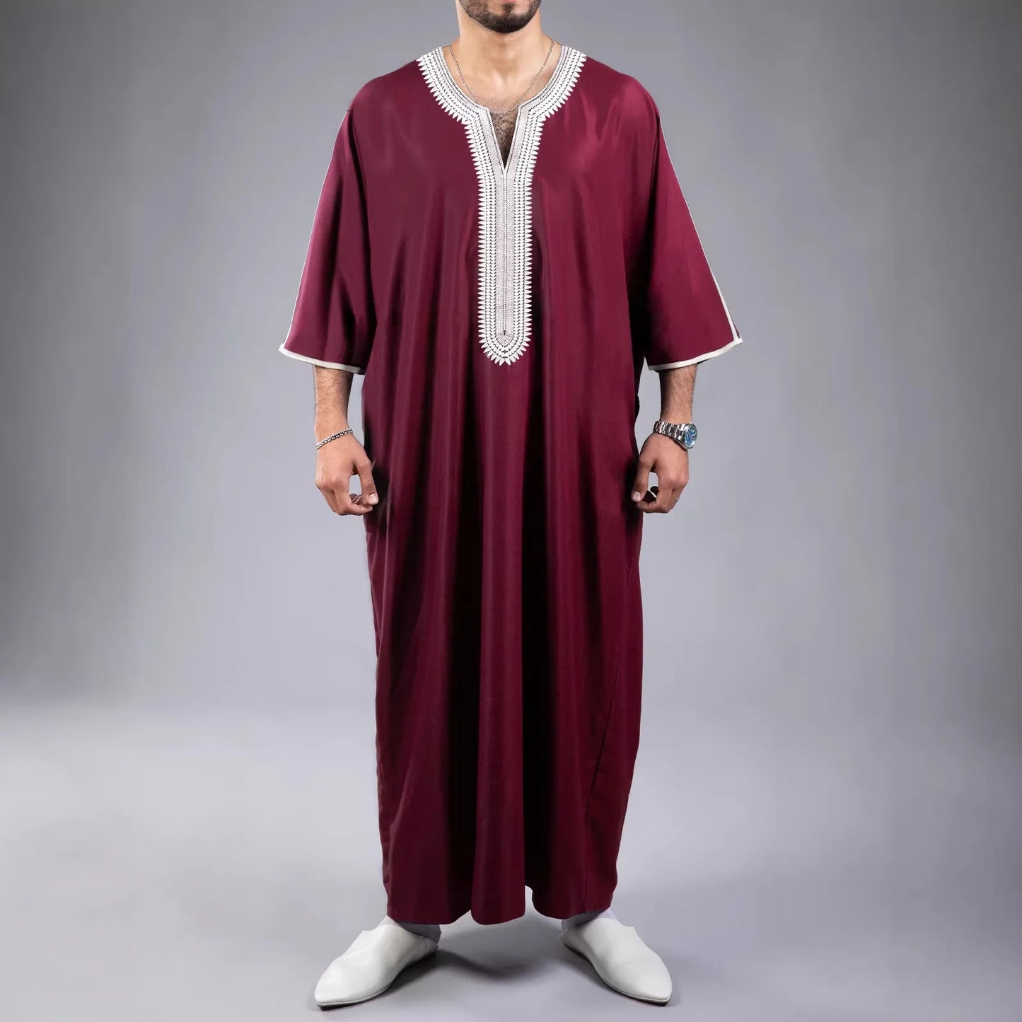 2026 New Model Men's Clothing With Embroidered Mid-sleeves And Side Pockets Robe Abaya Ramadan Dubai Luxury Islam Elegant