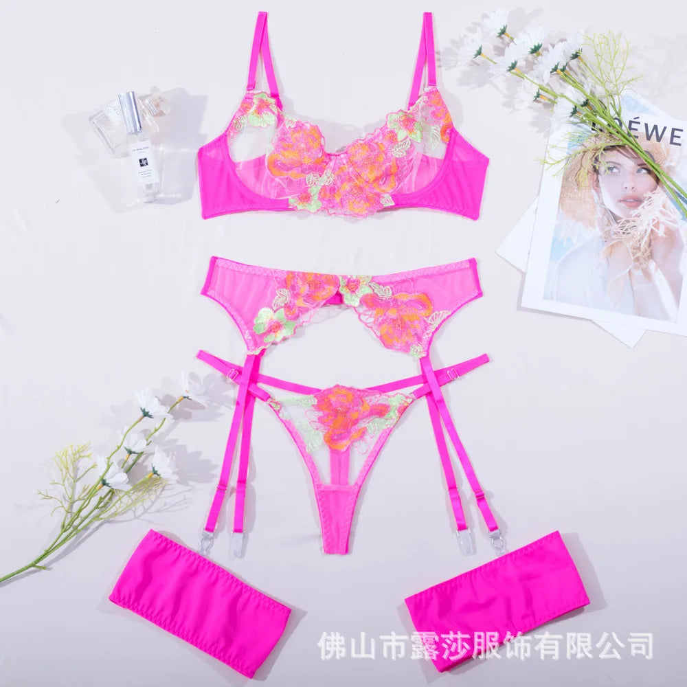 Tornova Sexy Embroidery Lingerie Suit for Women Mesh Patchwork Embroidery Women's Underwear Suit Sexy Garters Mesh Underwear Set