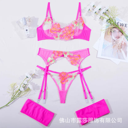 Tornova Sexy Embroidery Lingerie Suit for Women Mesh Patchwork Embroidery Women's Underwear Suit Sexy Garters Mesh Underwear Set