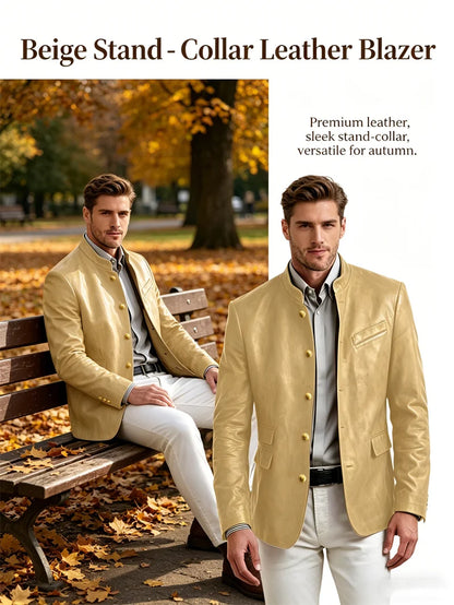 Men's Stand Collar Leather Blazer Slim Fit Single Breasted Golden Metal Buttons Multi Pocket Coat For Business Wedding Daily