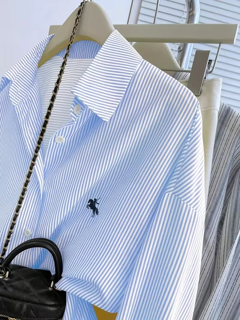 women s long-sleeve blouse ， Women's Striped Knight Print Front Button-Up Casual Long Sleeve Shirt