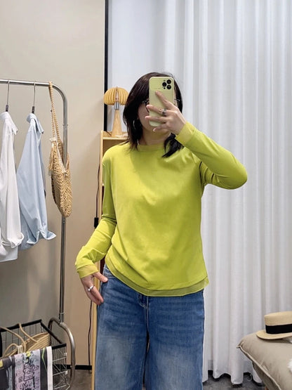 Spring New plus Size round Neck Mesh Splice Loose Long Sleeve Base Shirt Women Fat MM Slimming Belly Cover Simple T-shirt