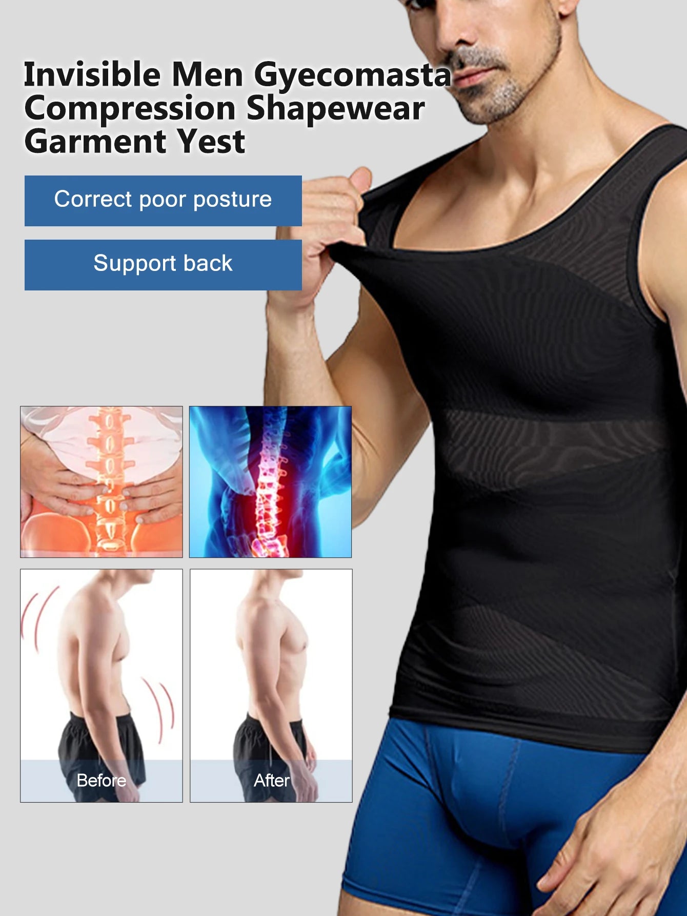 Men's Post-Surgery Shaping Bodysuit Upper Body Tummy Control Abdominal Shaping Top for Recovery