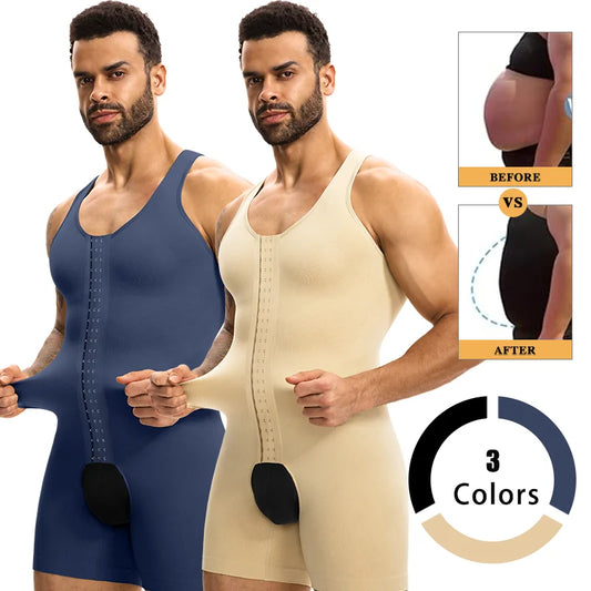 Mens Slimming Full Body Shaper Hook Closure Compression Tummy Control Shapewear Open Crotch High Stretch Corset Tight Shaping