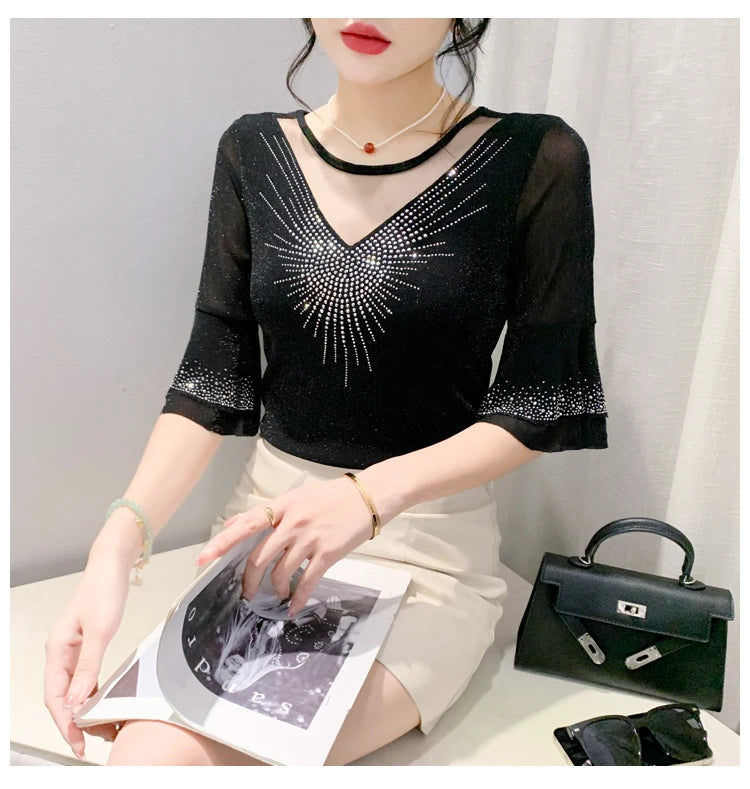 Sexy Hollow out Mesh Seven Quarter Sleeve Fashion Trend Summer T-Shirt Women Slimming Versatile Top Half Sleeve Small Shirt