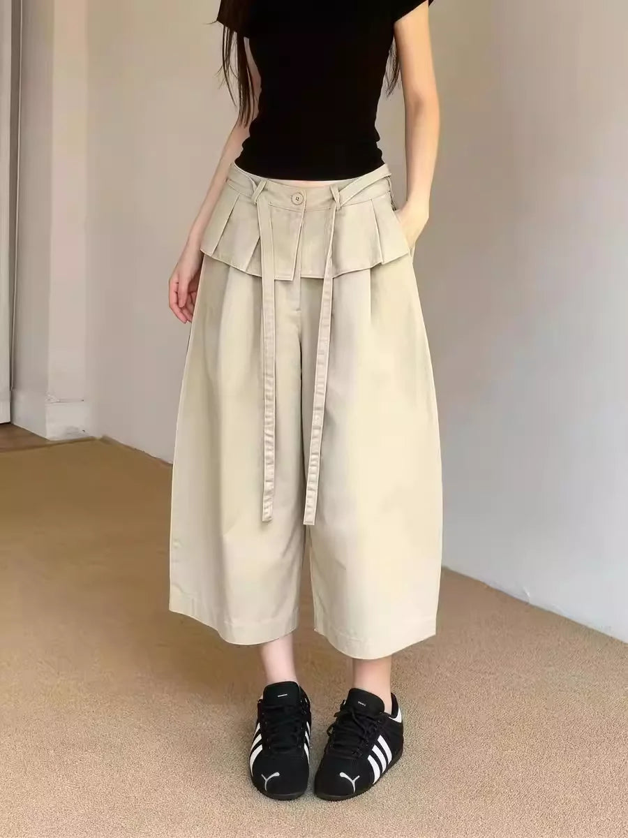 Summer New Korean Style Khaki Design Casual Pants Women plus Size Loose Slimming Nine Points Trousers High Waist Straight Leg