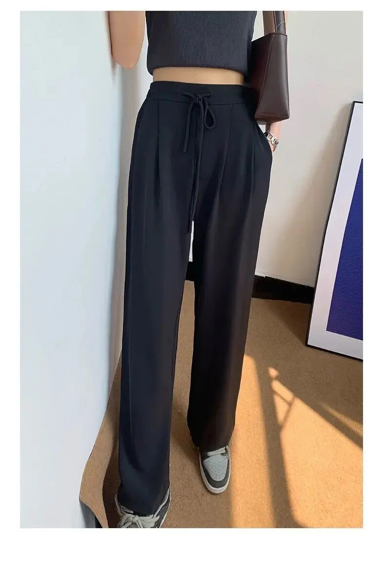 Ice Silk High Waist Wide Leg Pants Women Summer Loose Thin Straight Casual Trousers Korean Style Polyester Fiber Skin-friendl...