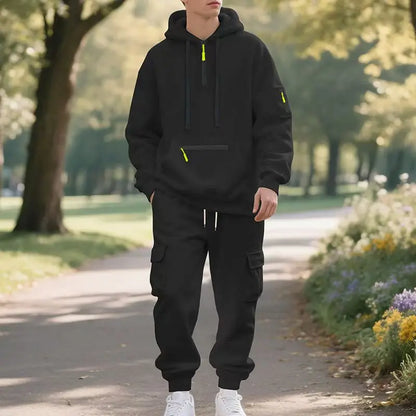 Men's Fleece Hooded Sweatshirt Set Trendy Solid Color Autumn Winter Sports Leisure European American Style 2025