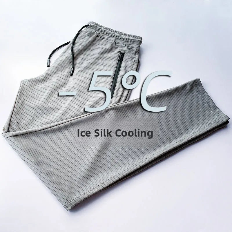 Ice Silk Men's Casual Pants Sports Set Air Conditioning Pants Quick Dry Trendy Large Size Short Sleeve T-Shirt Mesh Summer Wear