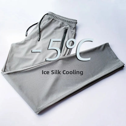 Ice Silk Men's Casual Pants Sports Set Air Conditioning Pants Quick Dry Trendy Large Size Short Sleeve T-Shirt Mesh Summer Wear