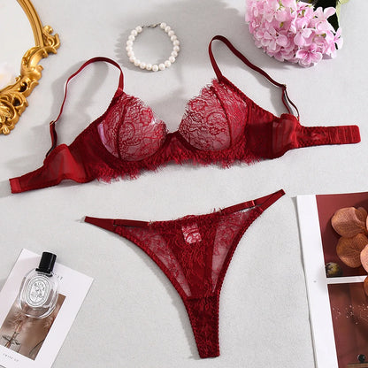 Ellolace Solid Lingeries Sexy Hot Elegant Bra Belt Thong 3PC with Leg Circles Cute Intimate Seductive Lace Tempted Underwear