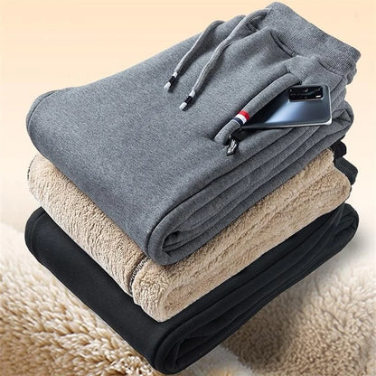 Thickened Fleece Lined Men's Sweatpants Loose Fit Casual Sporty Trousers Autumn Winter Style Youthful Pure Color Long Pants