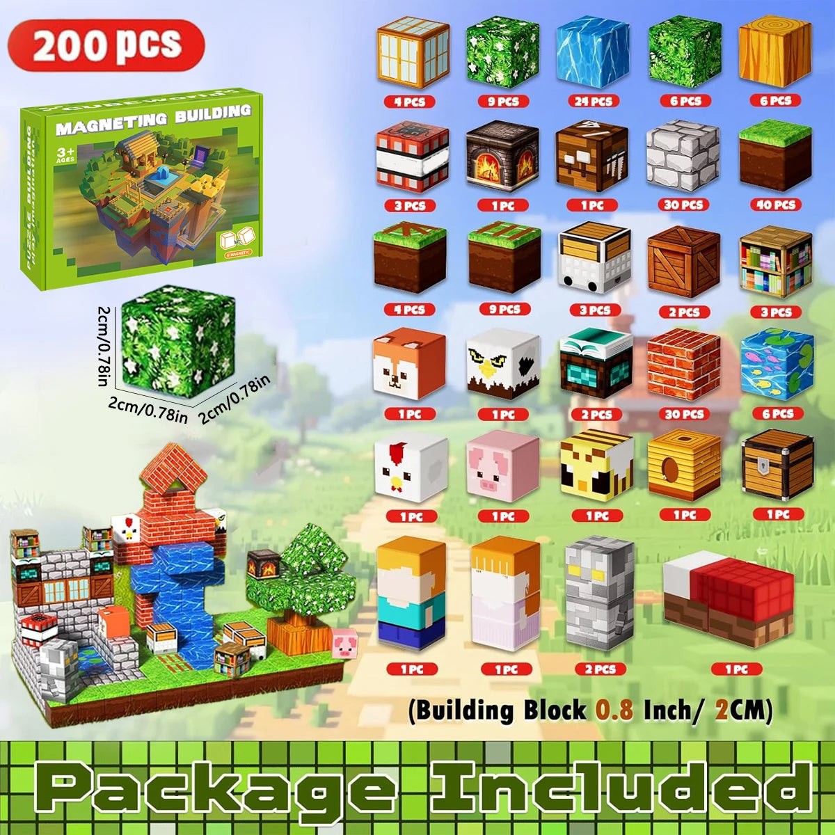 Magnetic Building Block Toy Mine World Stacking Creativity Bricks Forest Houses Architectural Model Set Kids for Boy Girls Gift