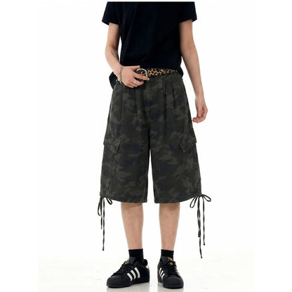 Men's Denim Shorts Cargo Shorts Drawstring Multi Pocket Camouflage Letter Print American Style Casual Summer Vintage Street