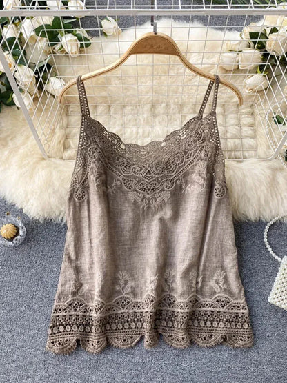Summer New Retro Bohemian Embroidery Lace V-neck Age Reduction Cotton Camisole Female Sweet Blouse Women KK520