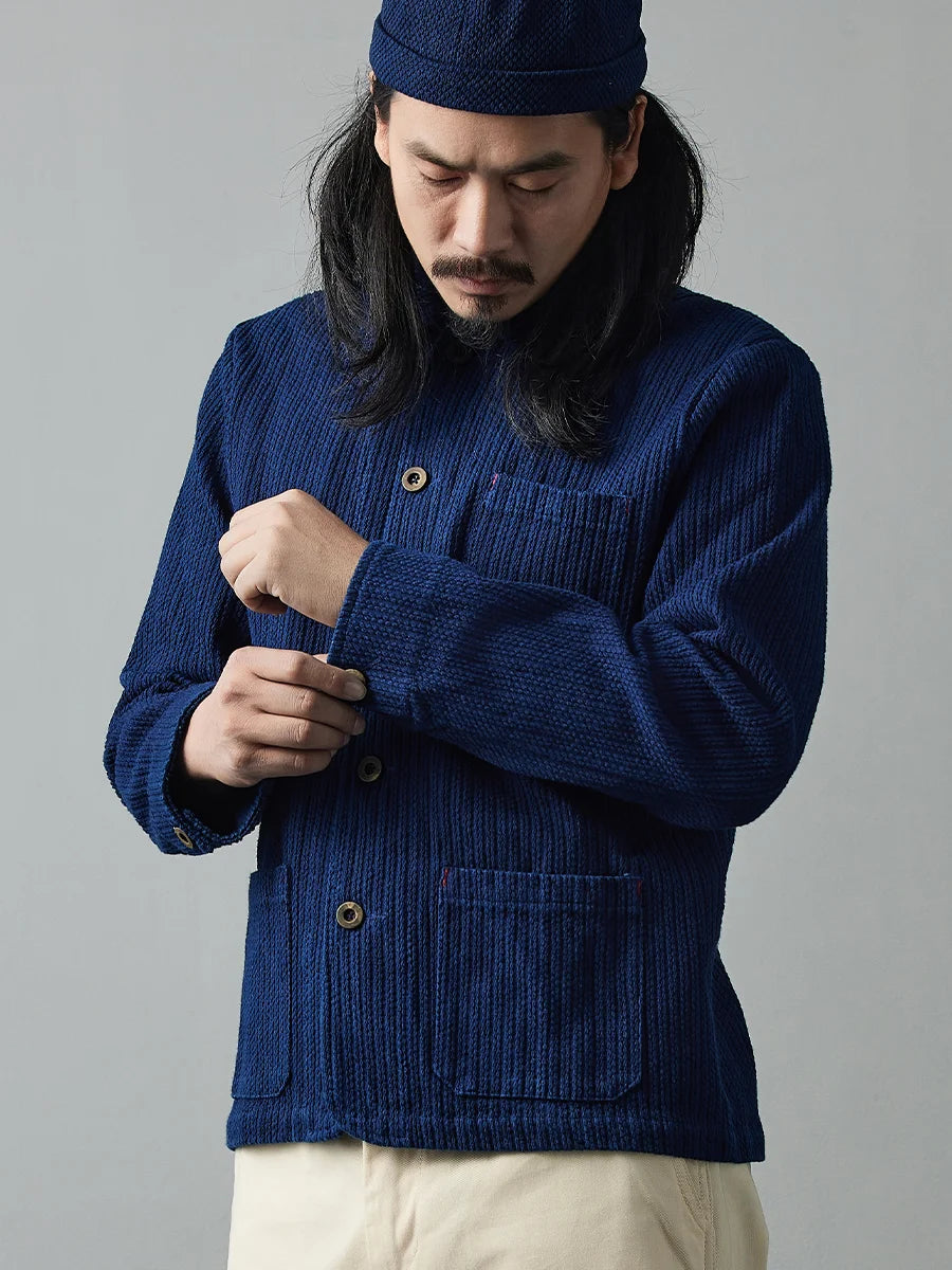 Indigo Handmade Plant Blue Dyed Jacket Casual Versatile French Work Jacket Sashiko Long-Sleeved Jacket