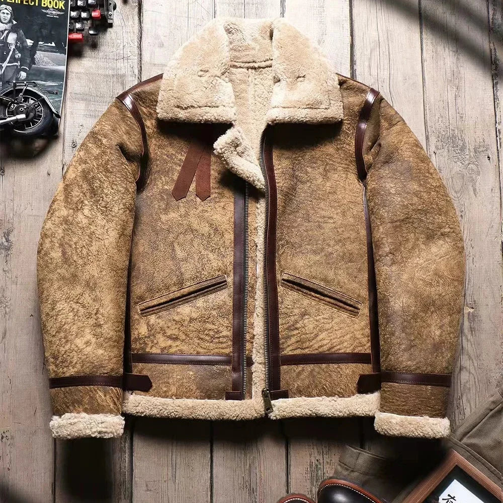 New Men's Winter Real Sheepskin Pilot Jackets Man Super Warm Genuine Sheep Leather Fur Jacket B3 Bomber Shearling Vintage Parka