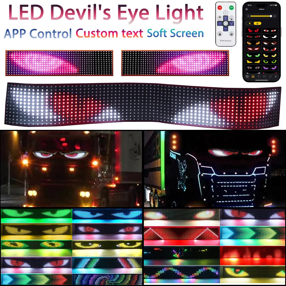 LED Truck Car Devil Eye Dynamic Pixel Panel Light Soft Foldable Lighting Scrolling 12V 24V For Board Windshield APP Remote