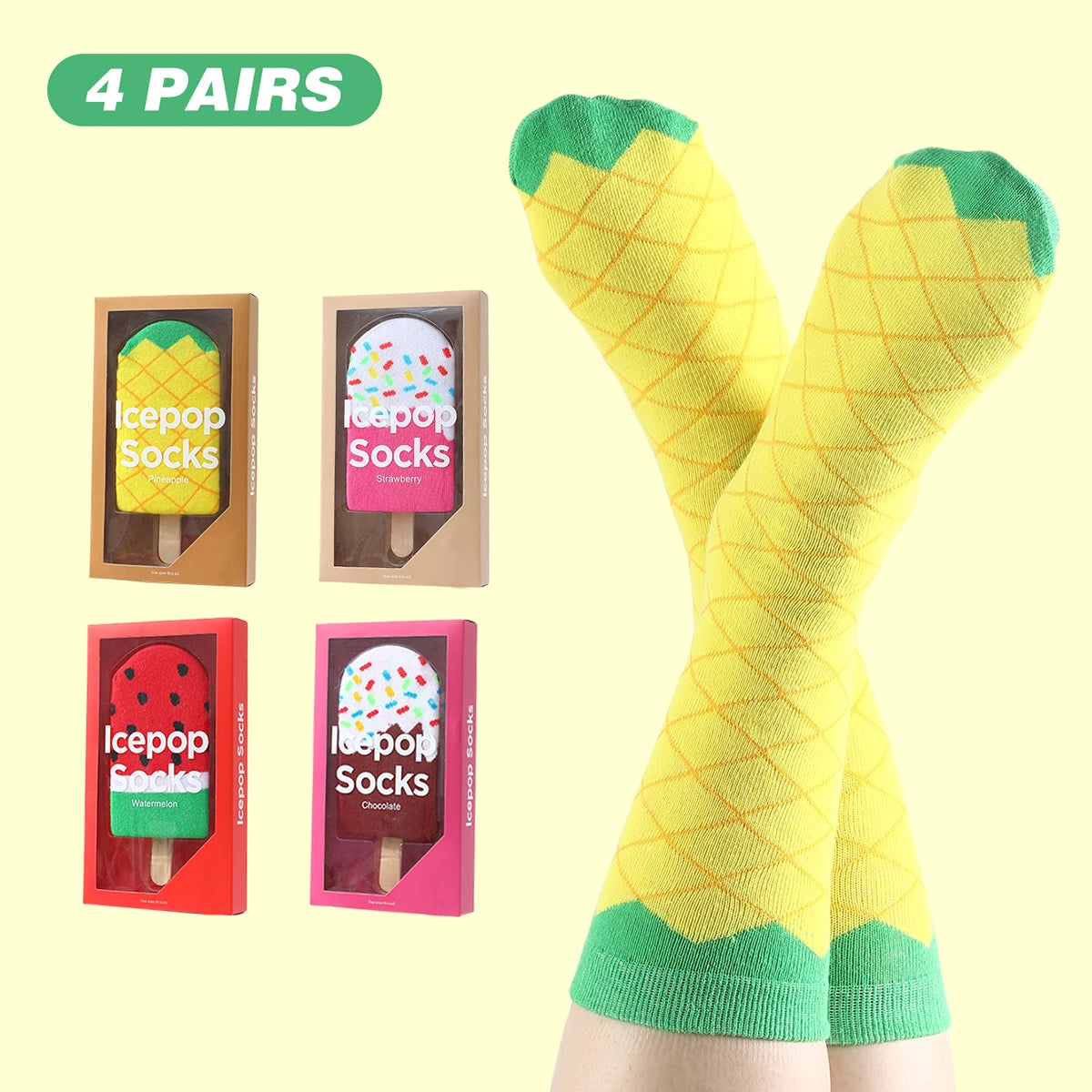4 pair of mid-calf unisex socks in a novelty ice cream design, a unique and interesting festive gift.