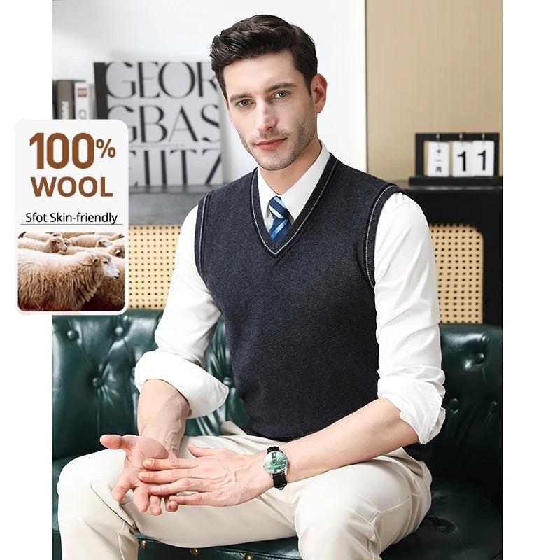 High End 100% Wool New Autum Winter Fashion Brand Knit Pullover Sweater Vest Slim Fit V-neck Sleeveless Casual Mens Clothing