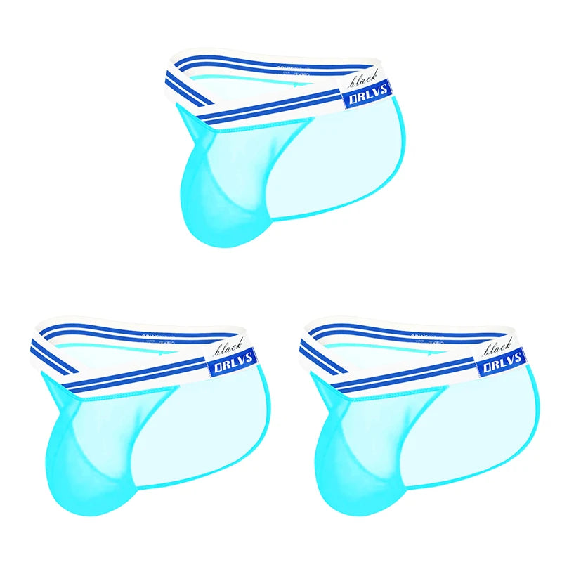 3 PCS Men's Ice Silk Ultra-Thin Barely-There Mesh Sheer Briefs, Striped V-Shape Elastic Waistband Summer Daily Commute Underwear