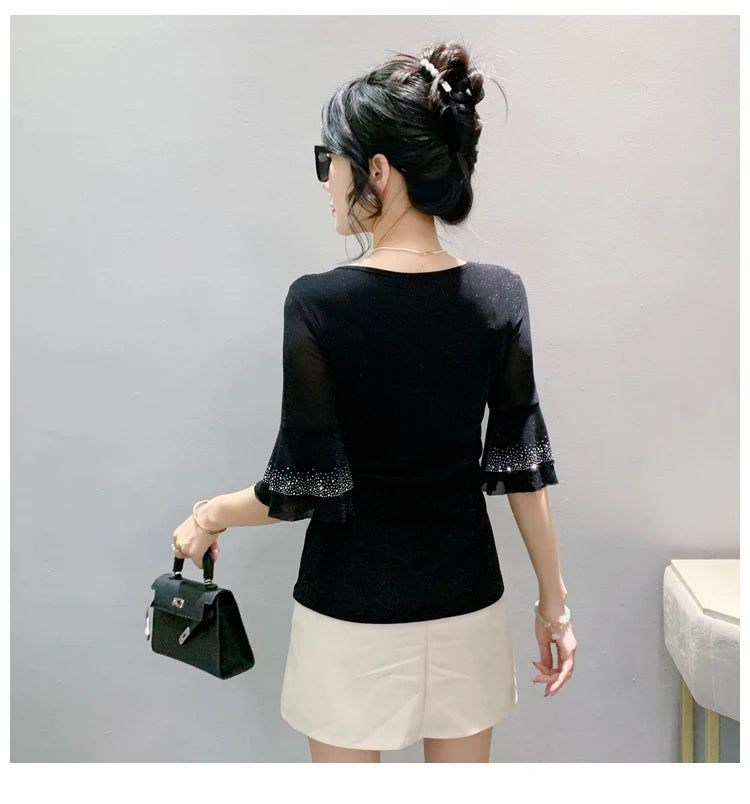 Sexy Hollow out Mesh Seven Quarter Sleeve Fashion Trend Summer T-Shirt Women Slimming Versatile Top Half Sleeve Small Shirt
