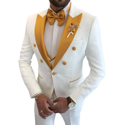 Floral Wedding Suits for Men Double Breasted Jacket with Vest Pants 3 Pieces Peak Lapel Groom Tuxedo Male Fashion Suit