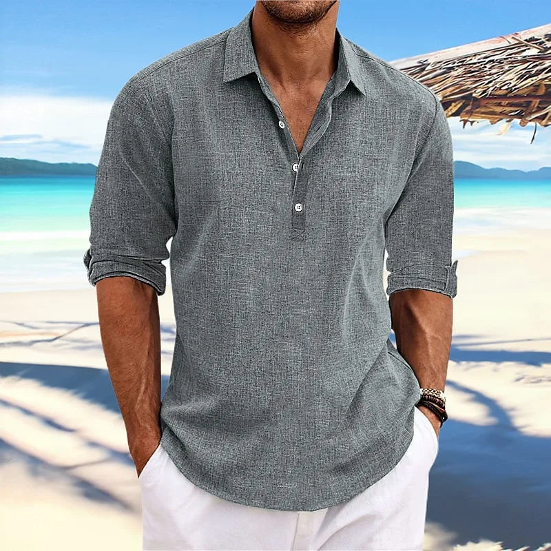 Men's Half Button Polo Shirt Short Sleeve Linen Look Casual Summer Top 2026