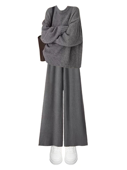 Loose Knitted Sweater And Wide Leg Pants Two Piece Set for Women Autumn Winter Comfortable Style plus Size Retro Casual Outfit
