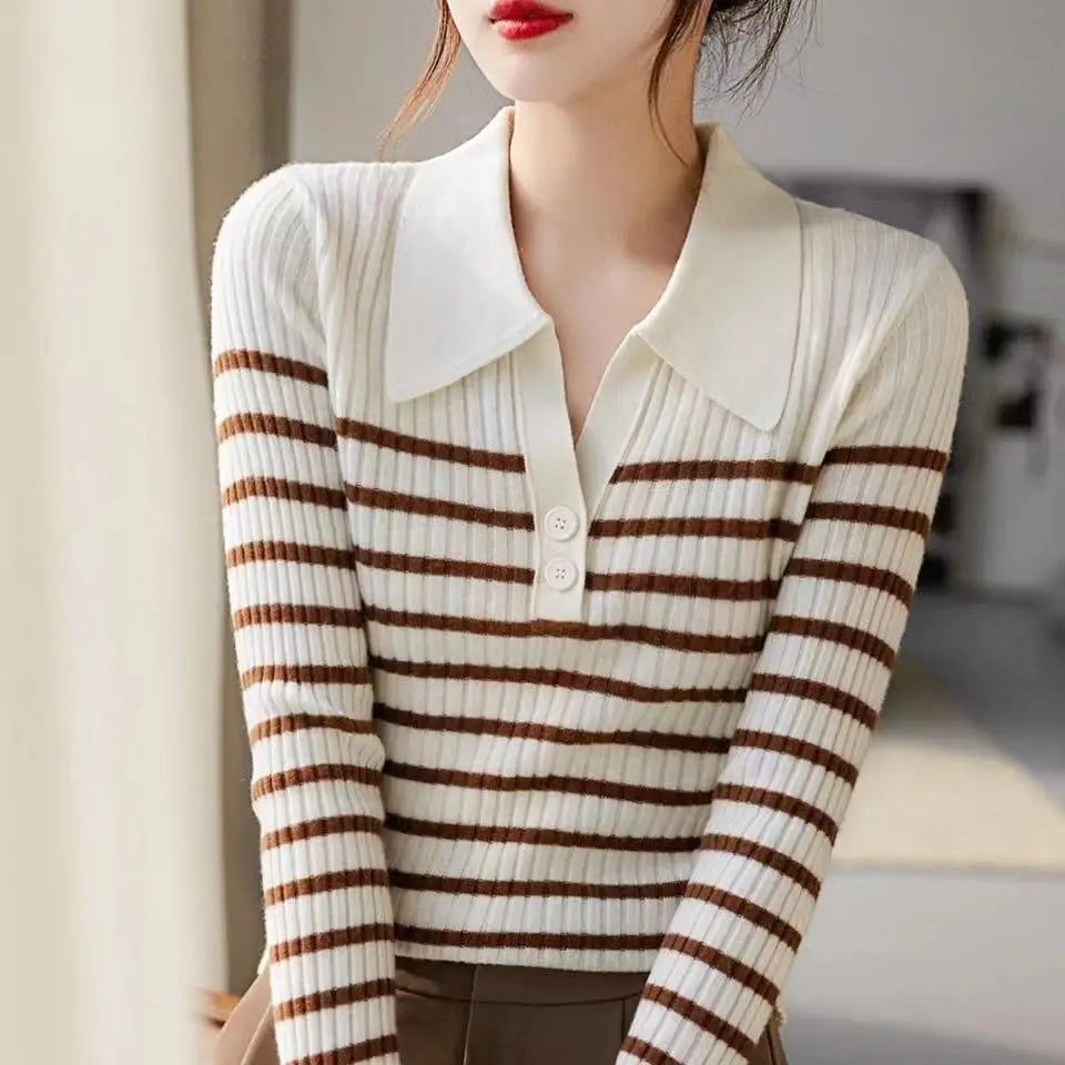 Polo Neck T Shirt for Women Long Sleeve Knitted Striped Woman Tshirt Autumn Winter Fashion 2025 Basic Clothing Trend Pulovers In