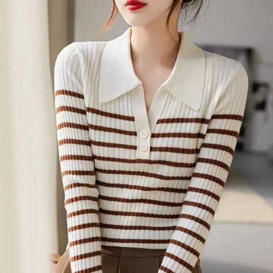 Polo Neck T Shirt for Women Long Sleeve Knitted Striped Woman Tshirt Autumn Winter Fashion 2025 Basic Clothing Trend Pulovers In