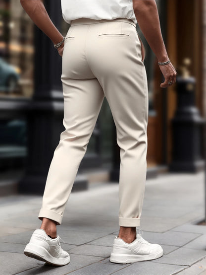 Men's Gurkha High Waist Pleated Cuffed Cropped Dress Pants Polyester Viscose Elastane Business Casual Black Beige Trousers