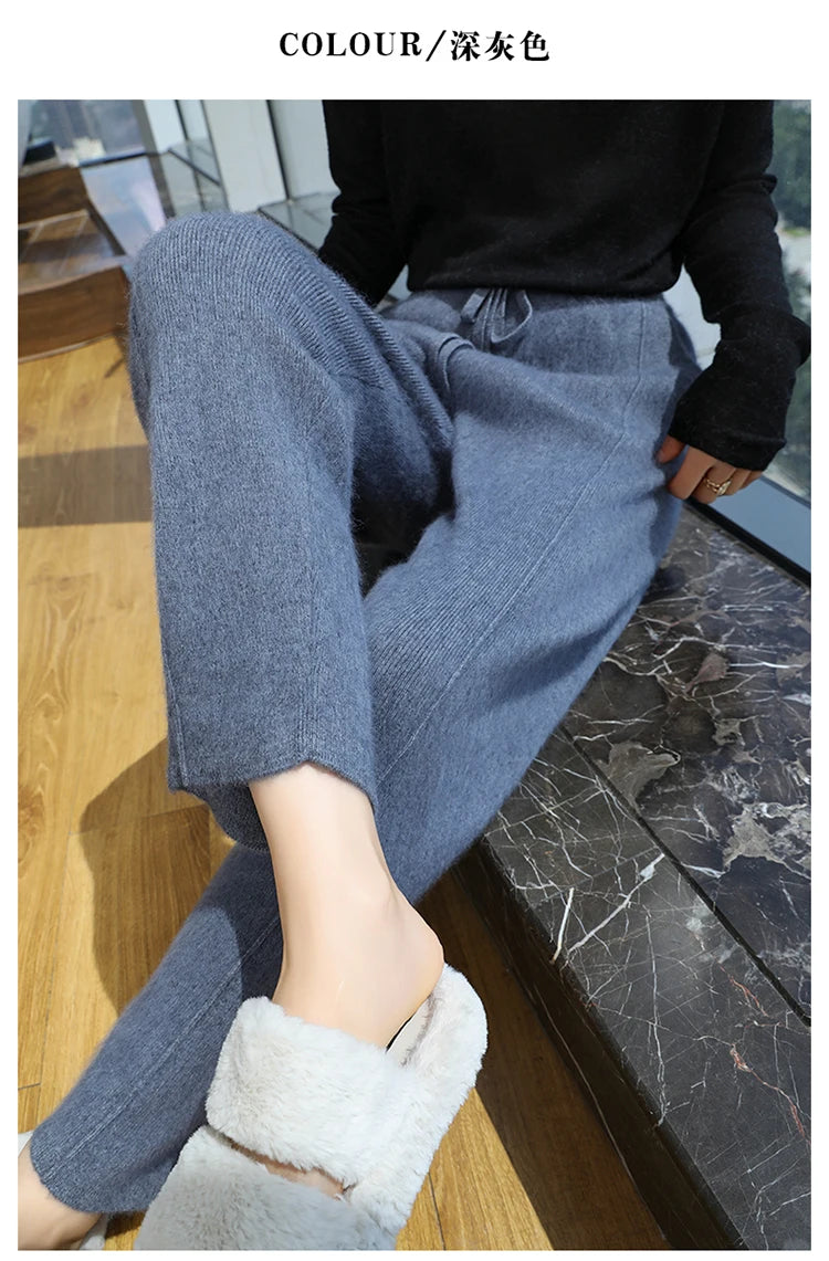 100% mink wool knitted high-waisted pencil pants women's casual autumn and winter new warm solid color thick cashmere pants