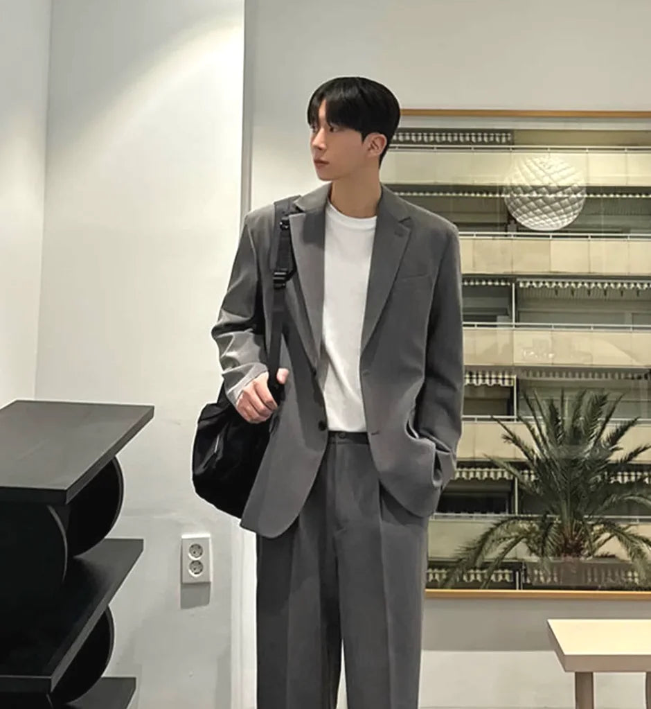 American Deep Grey Shoulder Padded Men's Casual Suit Two-Piece Set Non-Ironing Leisure Single West Casual Pants Long Pants