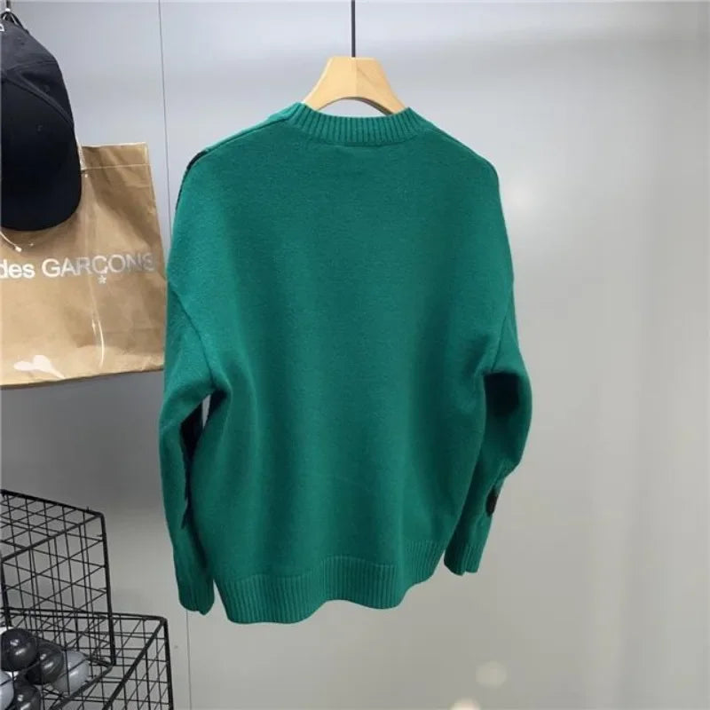 Crewneck Black Pullovers Round Collar Green Graphic Men's Clothing Knit Sweater Male Sweatshirts Japanese Retro Y2k Vintage Neck
