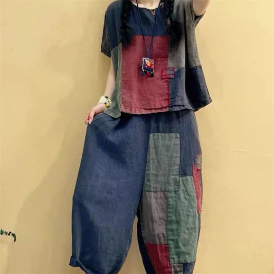 Brand Women's Cotton Linen round Ne ort Sve T-irt Patched Vintage Two-piece Set Faionable Summer Workwear