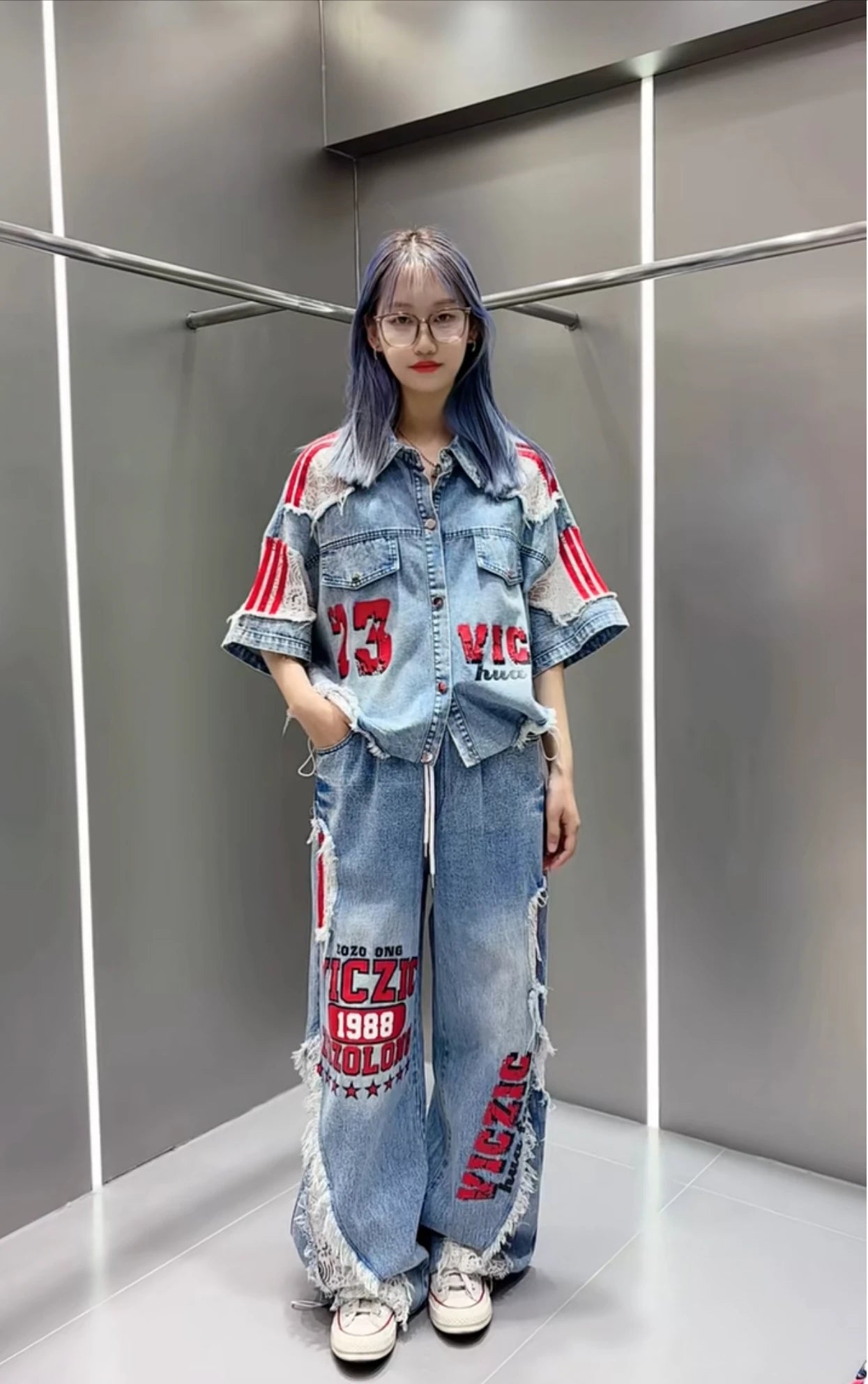 Casual Lace Hollow out Patchwork Summer New Women's Outfit Loose Top with Digital Letter Print Matching Long Pants