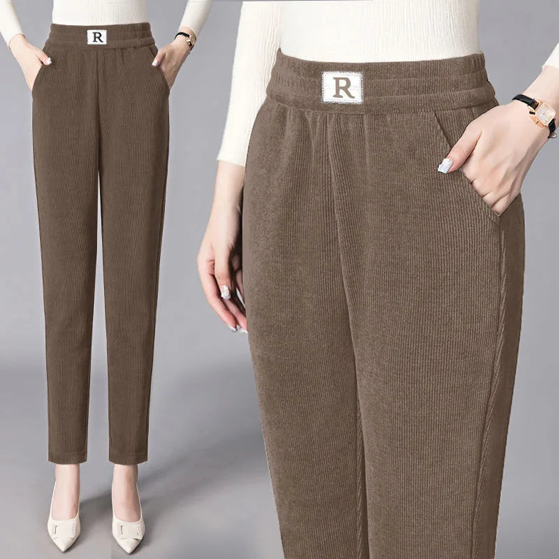 Autumn Winter Thickened Fleece Harlan Pants Women's Loose Casual Straight Leg Pants with Pockets Polyester Fiber Long Trousers