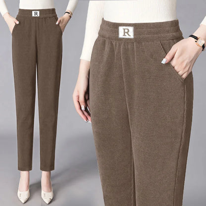 Autumn Winter Thickened Fleece Harlan Pants Women's Loose Casual Straight Leg Pants with Pockets Polyester Fiber Long Trousers